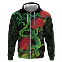 New Zealand Gecko Zip Hoodie Aotearoa Maori With Pohutukawa Flowers