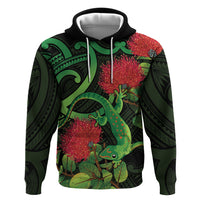 New Zealand Gecko Zip Hoodie Aotearoa Maori With Pohutukawa Flowers