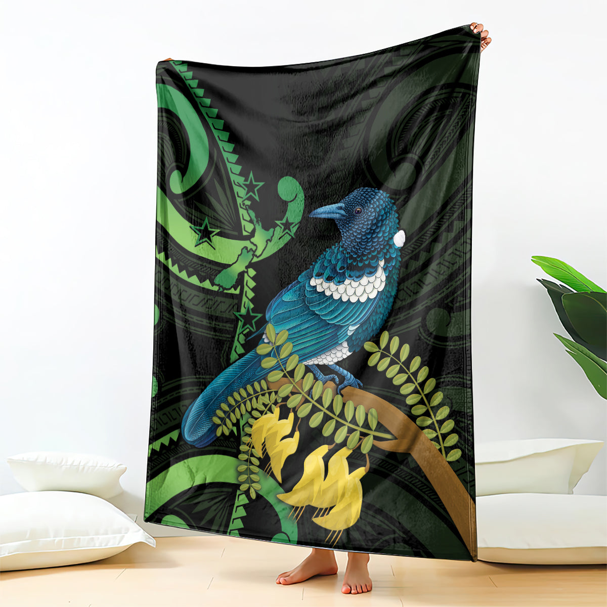 New Zealand Tui Bird Blanket Aotearoa Maori With Kowhai Flowers LT14 - Polynesian Pride