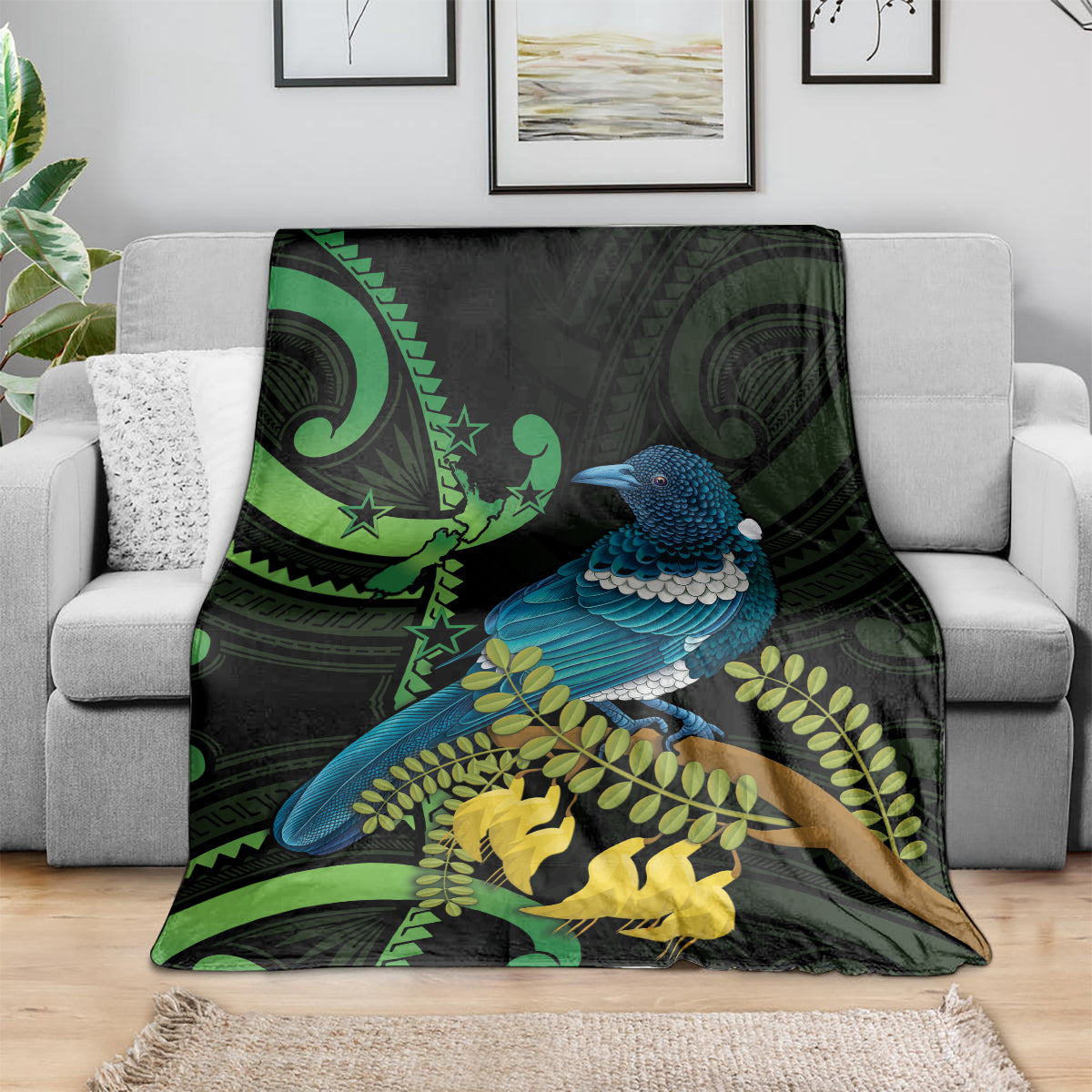 New Zealand Tui Bird Blanket Aotearoa Maori With Kowhai Flowers LT14 - Polynesian Pride