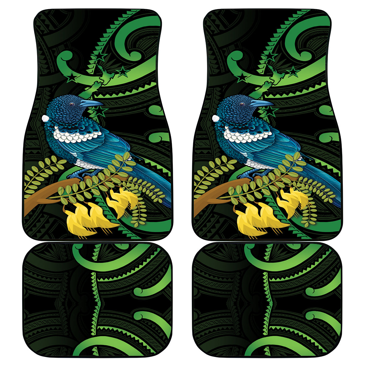 New Zealand Tui Bird Car Mats Aotearoa Maori With Kowhai Flowers LT14 - Polynesian Pride