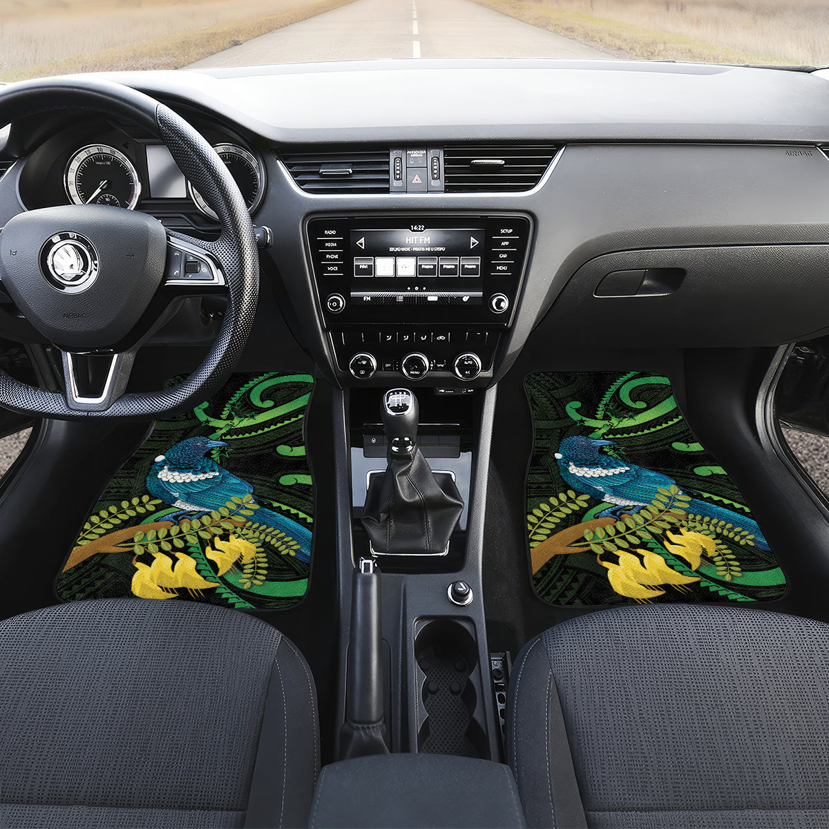 New Zealand Tui Bird Car Mats Aotearoa Maori With Kowhai Flowers LT14 Set 2pcs - Front Black - Polynesian Pride