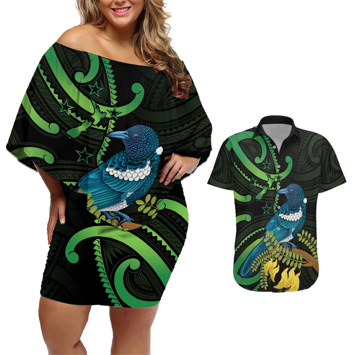 New Zealand Tui Bird Couples Matching Off Shoulder Short Dress and Hawaiian Shirt Aotearoa Maori With Kowhai Flowers LT14 Black - Polynesian Pride
