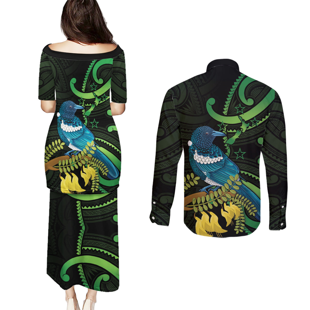 New Zealand Tui Bird Couples Matching Puletasi and Long Sleeve Button Shirt Aotearoa Maori With Kowhai Flowers