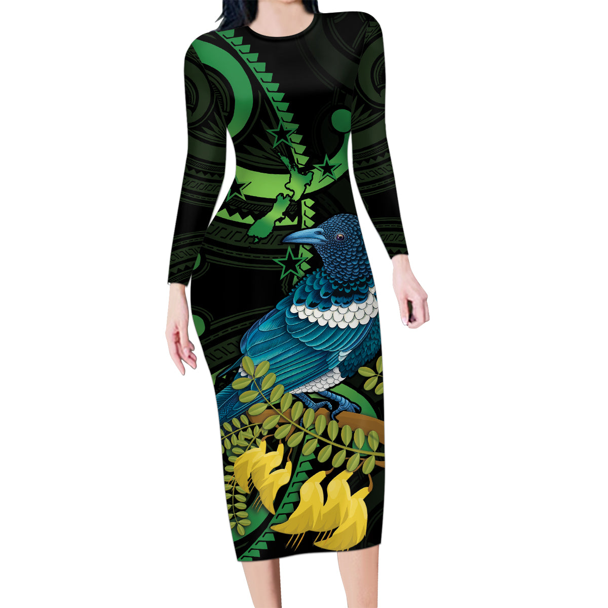 New Zealand Tui Bird Family Matching Long Sleeve Bodycon Dress and Hawaiian Shirt Aotearoa Maori With Kowhai Flowers