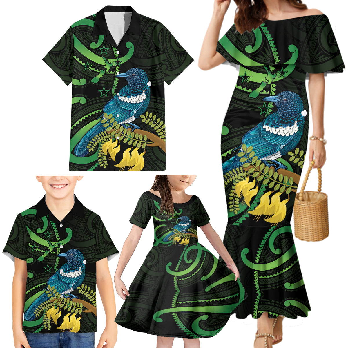 New Zealand Tui Bird Family Matching Mermaid Dress and Hawaiian Shirt Aotearoa Maori With Kowhai Flowers LT14 - Polynesian Pride