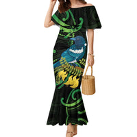 New Zealand Tui Bird Family Matching Mermaid Dress and Hawaiian Shirt Aotearoa Maori With Kowhai Flowers LT14 Mom's Dress Black - Polynesian Pride