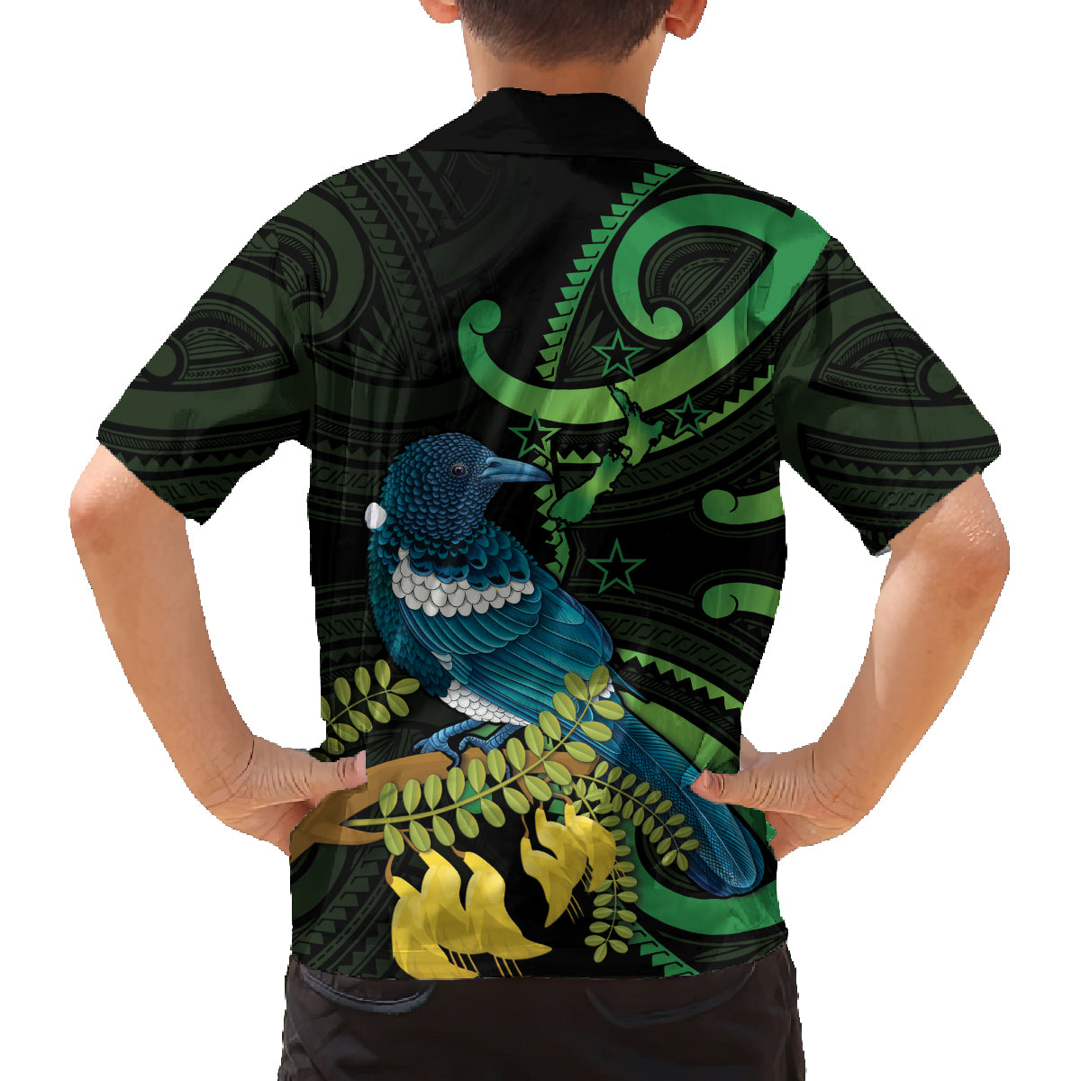 New Zealand Tui Bird Family Matching Off Shoulder Maxi Dress and Hawaiian Shirt Aotearoa Maori With Kowhai Flowers LT14 - Polynesian Pride