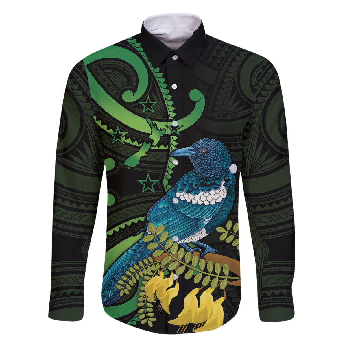 New Zealand Tui Bird Family Matching Off Shoulder Maxi Dress and Hawaiian Shirt Aotearoa Maori With Kowhai Flowers LT14 Dad's Shirt - Long Sleeve Black - Polynesian Pride