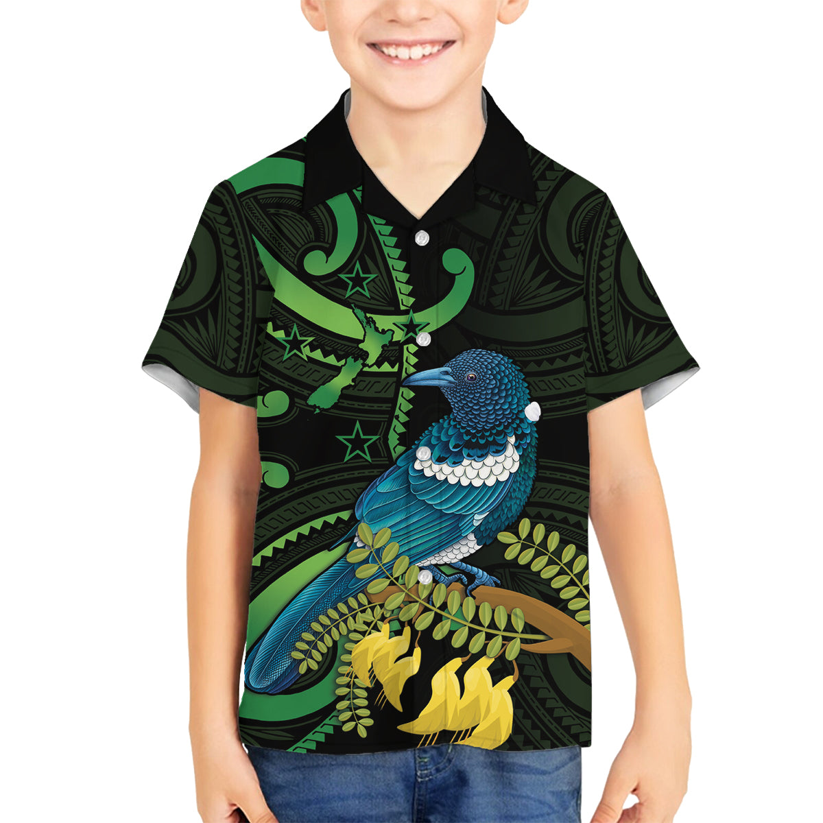 New Zealand Tui Bird Family Matching Off Shoulder Maxi Dress and Hawaiian Shirt Aotearoa Maori With Kowhai Flowers LT14 Son's Shirt Black - Polynesian Pride