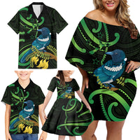 New Zealand Tui Bird Family Matching Off Shoulder Short Dress and Hawaiian Shirt Aotearoa Maori With Kowhai Flowers LT14 - Polynesian Pride