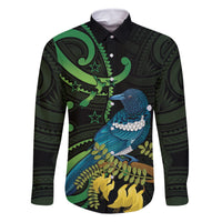 New Zealand Tui Bird Family Matching Off Shoulder Short Dress and Hawaiian Shirt Aotearoa Maori With Kowhai Flowers LT14 Dad's Shirt - Long Sleeve Black - Polynesian Pride