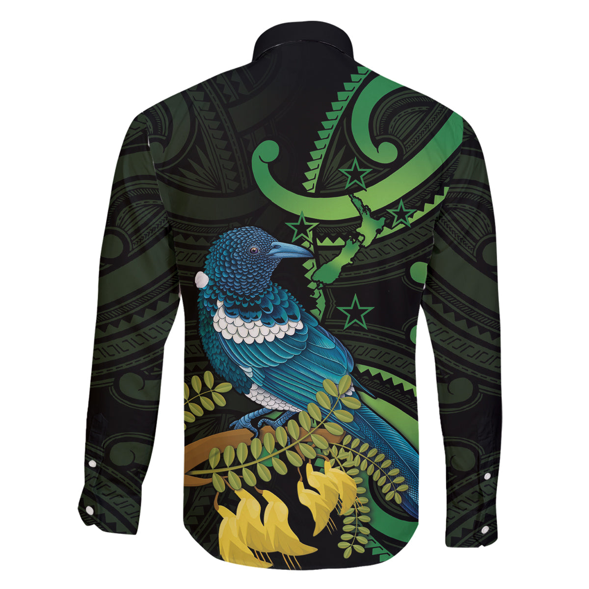 New Zealand Tui Bird Family Matching Off Shoulder Short Dress and Hawaiian Shirt Aotearoa Maori With Kowhai Flowers LT14 - Polynesian Pride