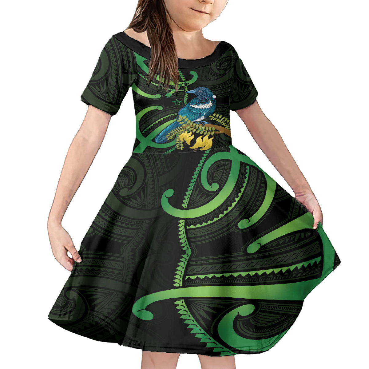 New Zealand Tui Bird Family Matching Puletasi and Hawaiian Shirt Aotearoa Maori With Kowhai Flowers LT14 Daughter's Dress Black - Polynesian Pride