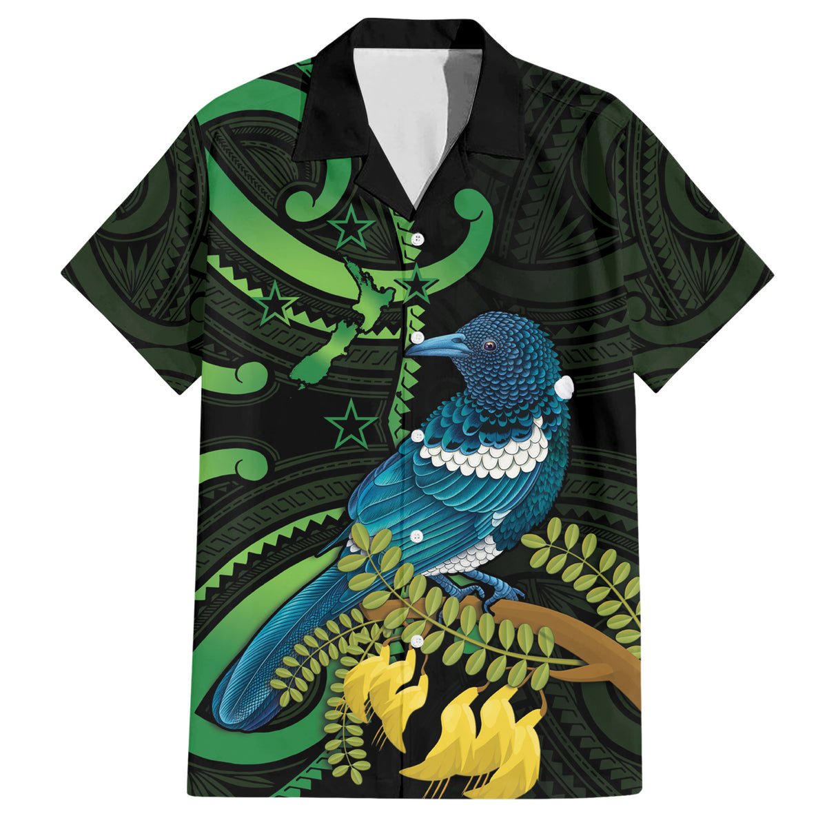 New Zealand Tui Bird Family Matching Short Sleeve Bodycon Dress and Hawaiian Shirt Aotearoa Maori With Kowhai Flowers LT14 Dad's Shirt - Short Sleeve Black - Polynesian Pride