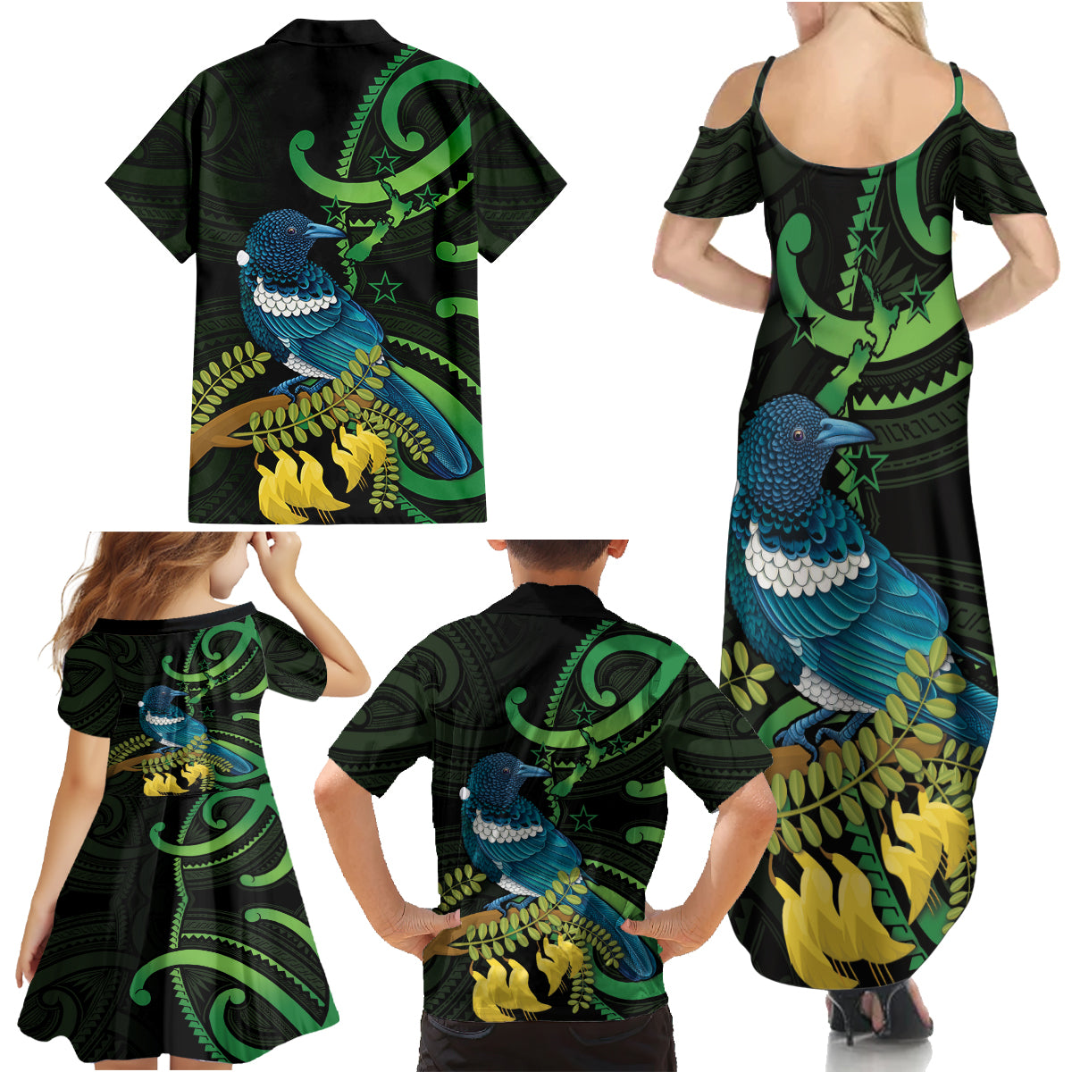 New Zealand Tui Bird Family Matching Summer Maxi Dress and Hawaiian Shirt Aotearoa Maori With Kowhai Flowers LT14 - Polynesian Pride