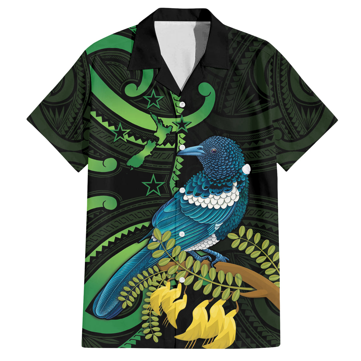 New Zealand Tui Bird Family Matching Summer Maxi Dress and Hawaiian Shirt Aotearoa Maori With Kowhai Flowers LT14 Dad's Shirt - Short Sleeve Black - Polynesian Pride