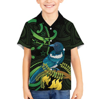 New Zealand Tui Bird Family Matching Summer Maxi Dress and Hawaiian Shirt Aotearoa Maori With Kowhai Flowers LT14 Son's Shirt Black - Polynesian Pride