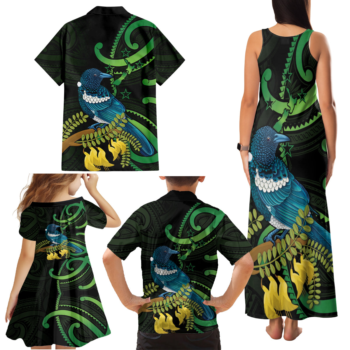 New Zealand Tui Bird Family Matching Tank Maxi Dress and Hawaiian Shirt Aotearoa Maori With Kowhai Flowers LT14 - Polynesian Pride