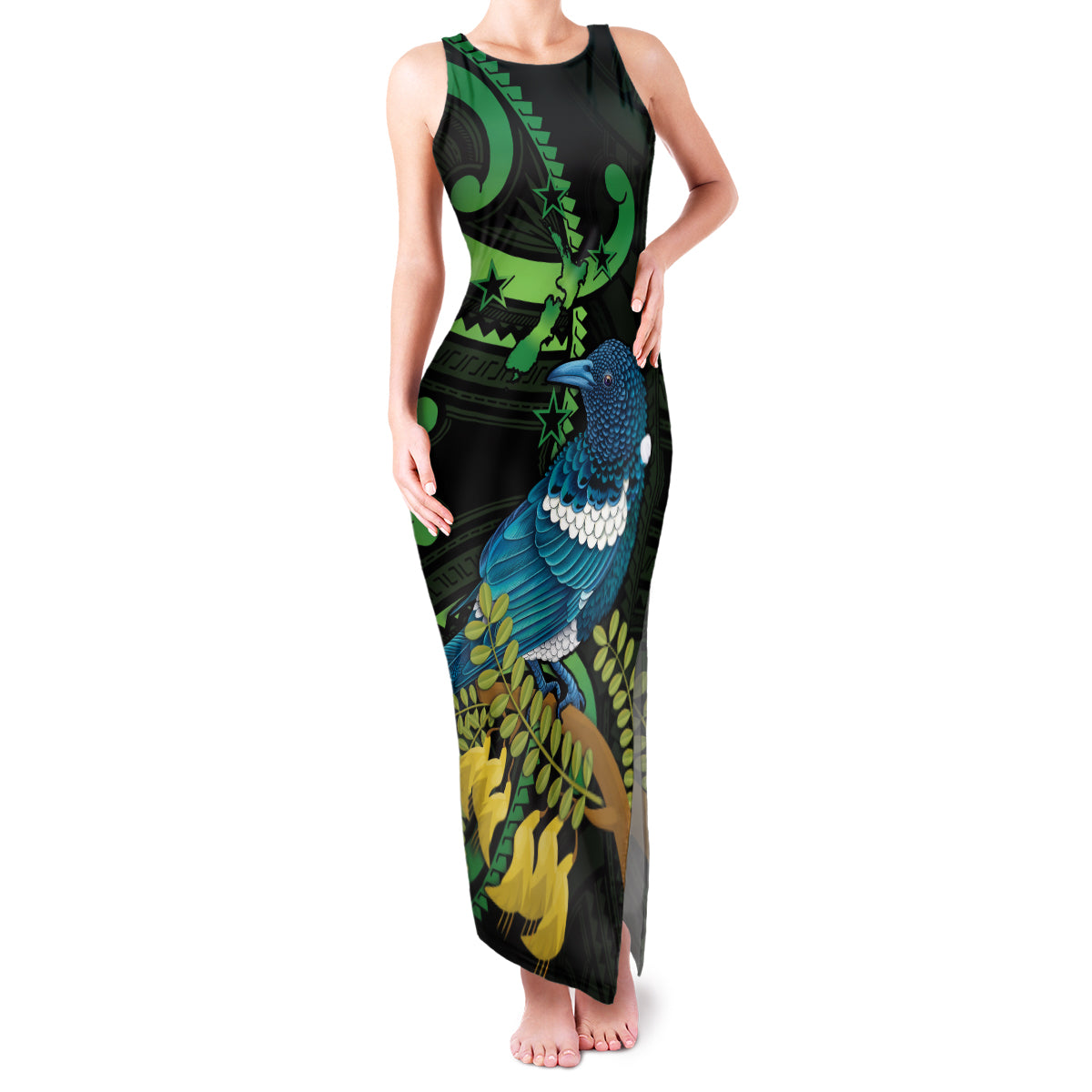 New Zealand Tui Bird Family Matching Tank Maxi Dress and Hawaiian Shirt Aotearoa Maori With Kowhai Flowers LT14 Mom's Dress Black - Polynesian Pride