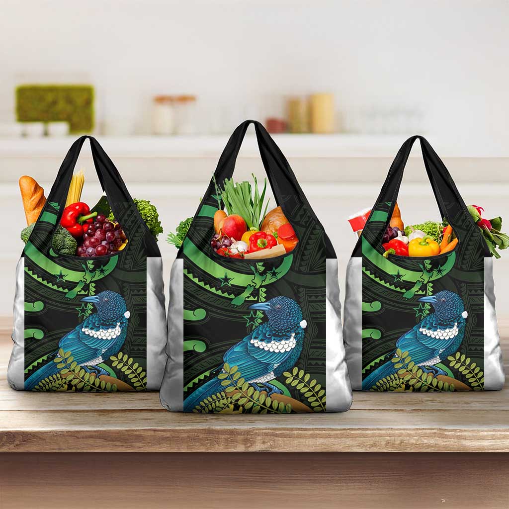 New Zealand Tui Bird Grocery Bag Aotearoa Maori With Kowhai Flowers LT14 3-pack One Size Black - Polynesian Pride