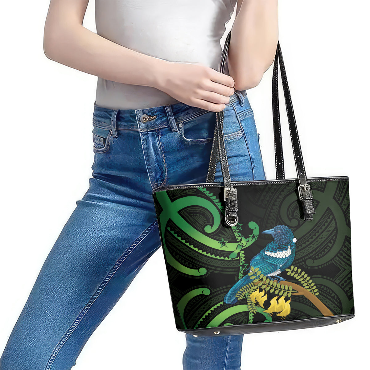 New Zealand Tui Bird Leather Tote Bag Aotearoa Maori With Kowhai Flowers LT14 - Polynesian Pride