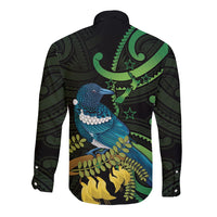 New Zealand Tui Bird Long Sleeve Button Shirt Aotearoa Maori With Kowhai Flowers
