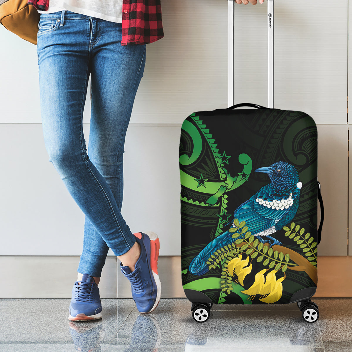 New Zealand Tui Bird Luggage Cover Aotearoa Maori With Kowhai Flowers