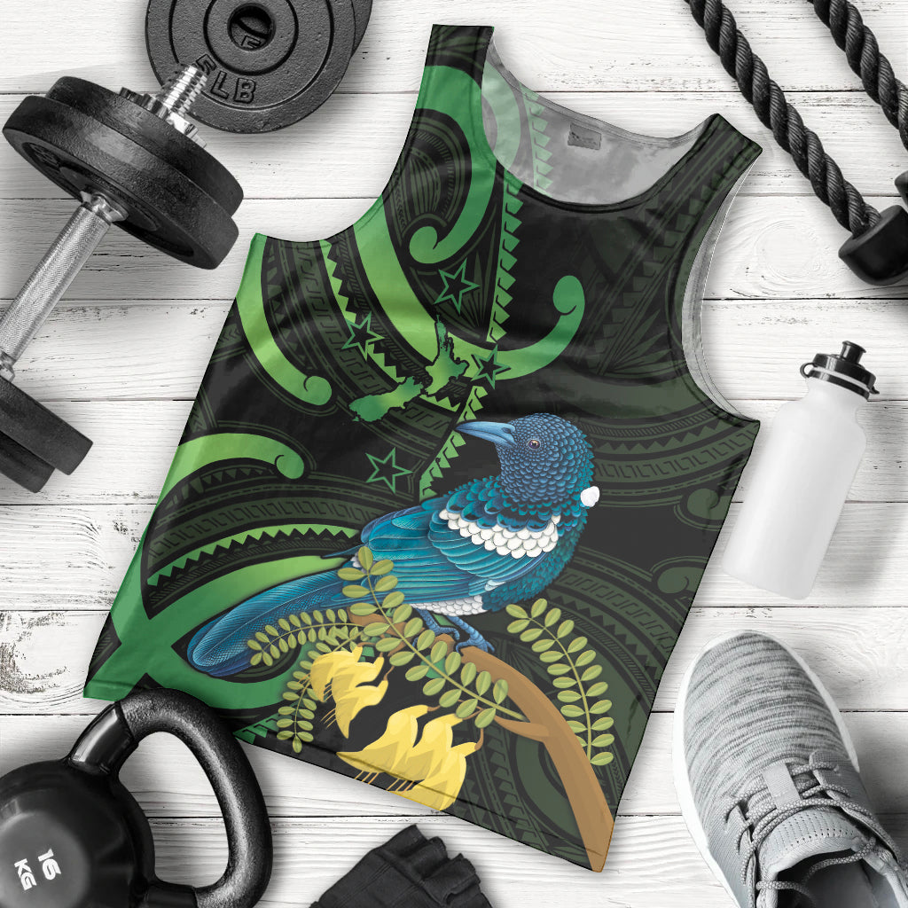 New Zealand Tui Bird Men Tank Top Aotearoa Maori With Kowhai Flowers LT14 - Polynesian Pride