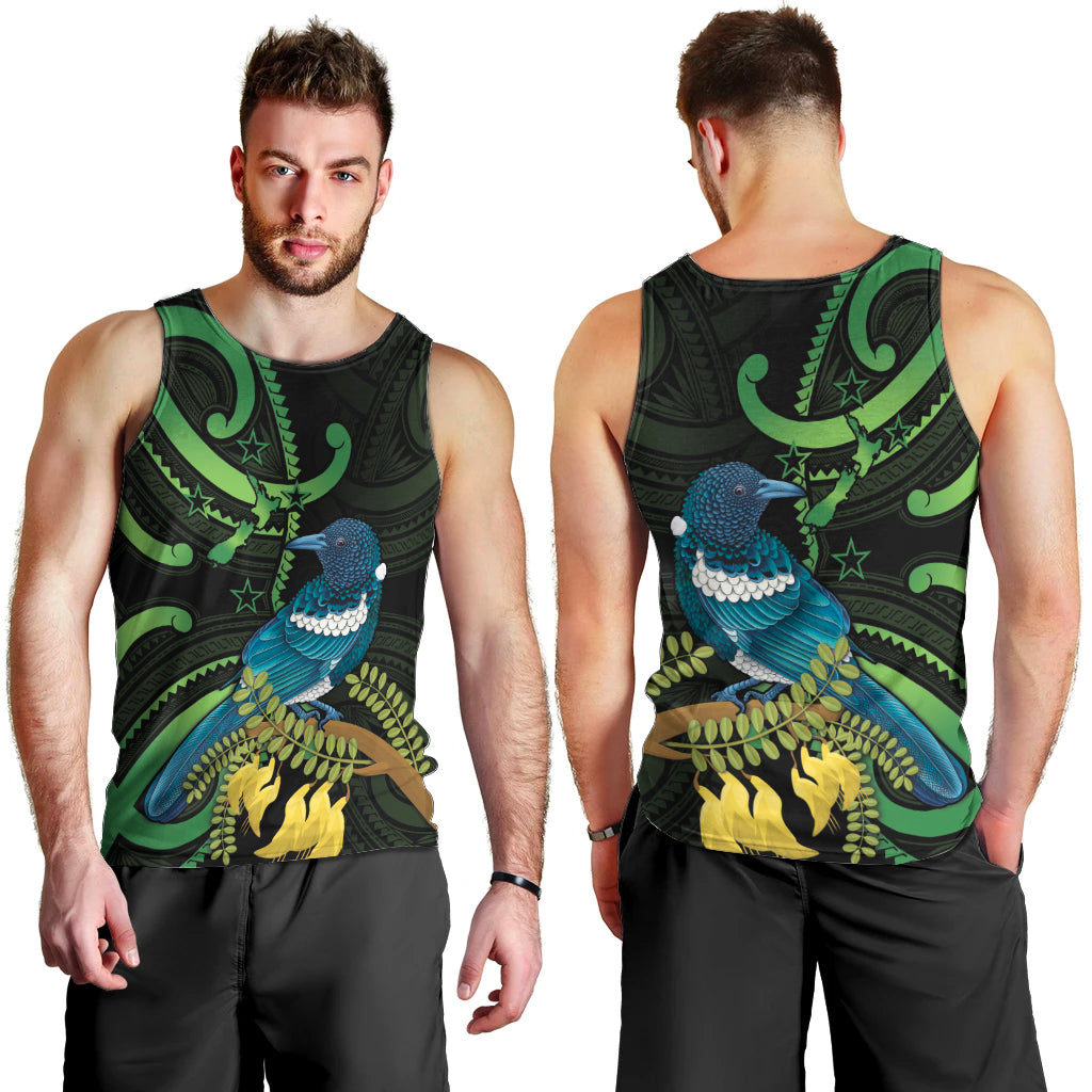 New Zealand Tui Bird Men Tank Top Aotearoa Maori With Kowhai Flowers LT14 - Polynesian Pride