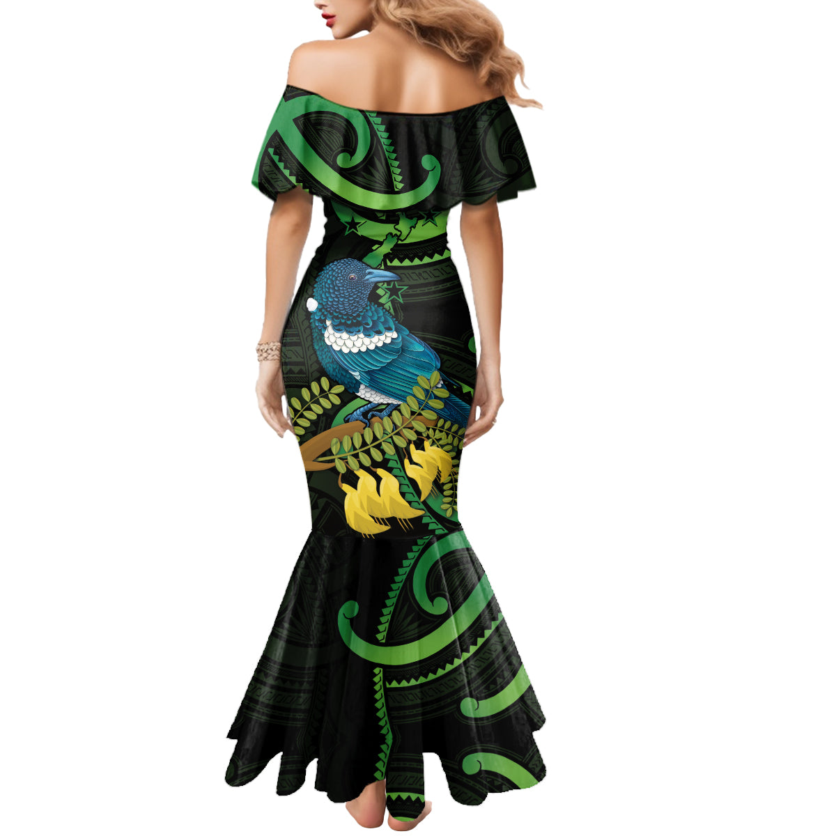 New Zealand Tui Bird Mermaid Dress Aotearoa Maori With Kowhai Flowers