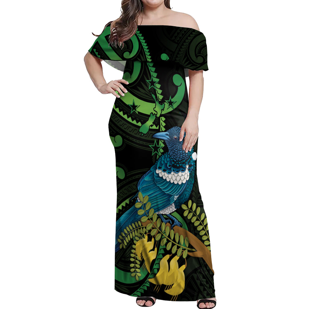 New Zealand Tui Bird Off Shoulder Maxi Dress Aotearoa Maori With Kowhai Flowers