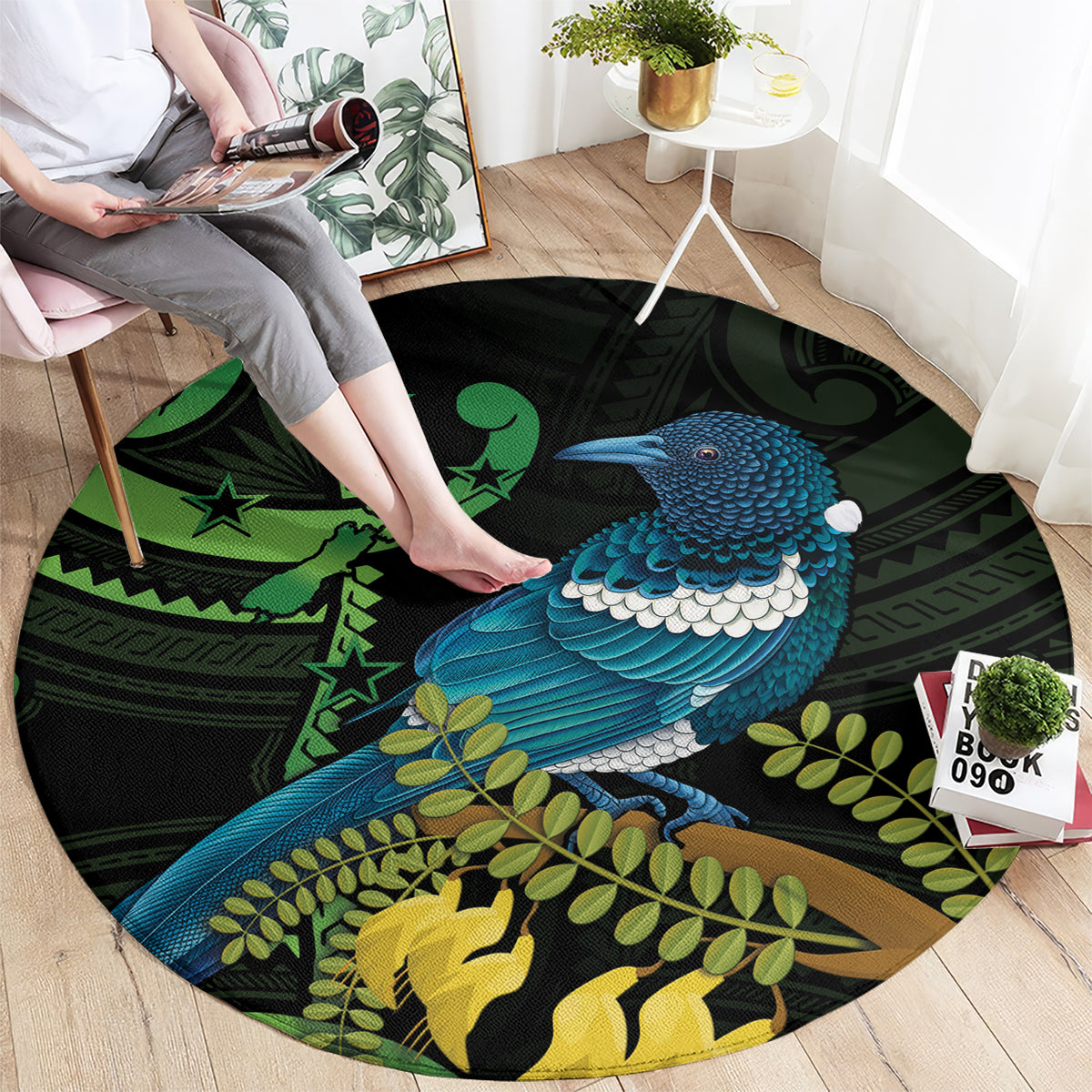 New Zealand Tui Bird Round Carpet Aotearoa Maori With Kowhai Flowers