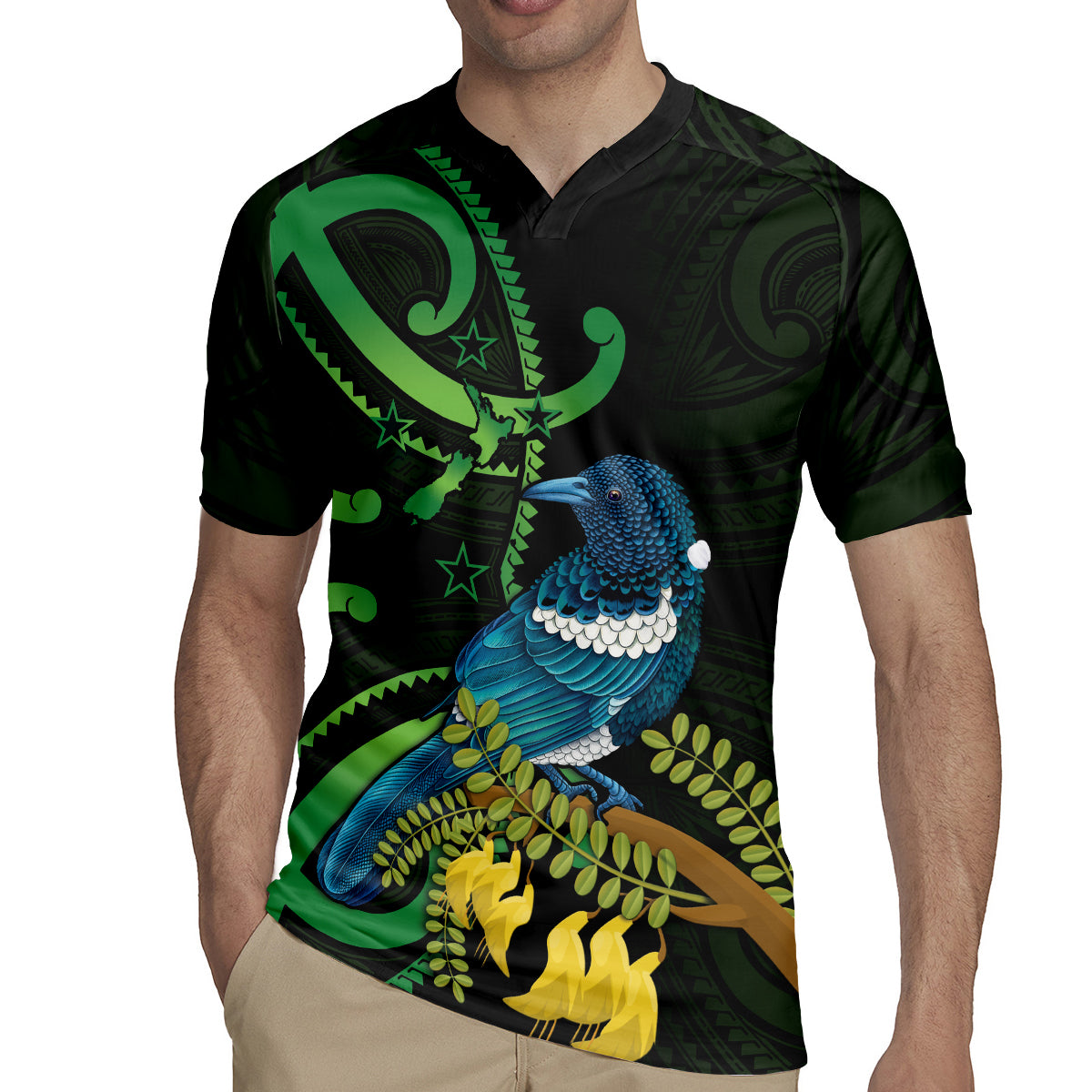 New Zealand Tui Bird Rugby Jersey Aotearoa Maori With Kowhai Flowers