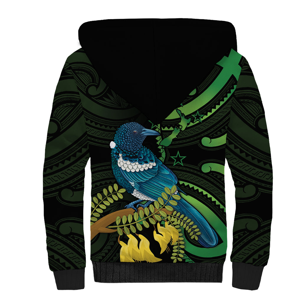New Zealand Tui Bird Sherpa Hoodie Aotearoa Maori With Kowhai Flowers