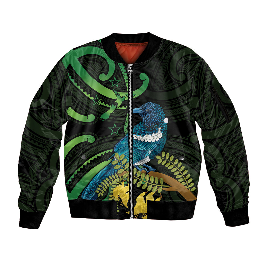 New Zealand Tui Bird Sleeve Zip Bomber Jacket Aotearoa Maori With Kowhai Flowers
