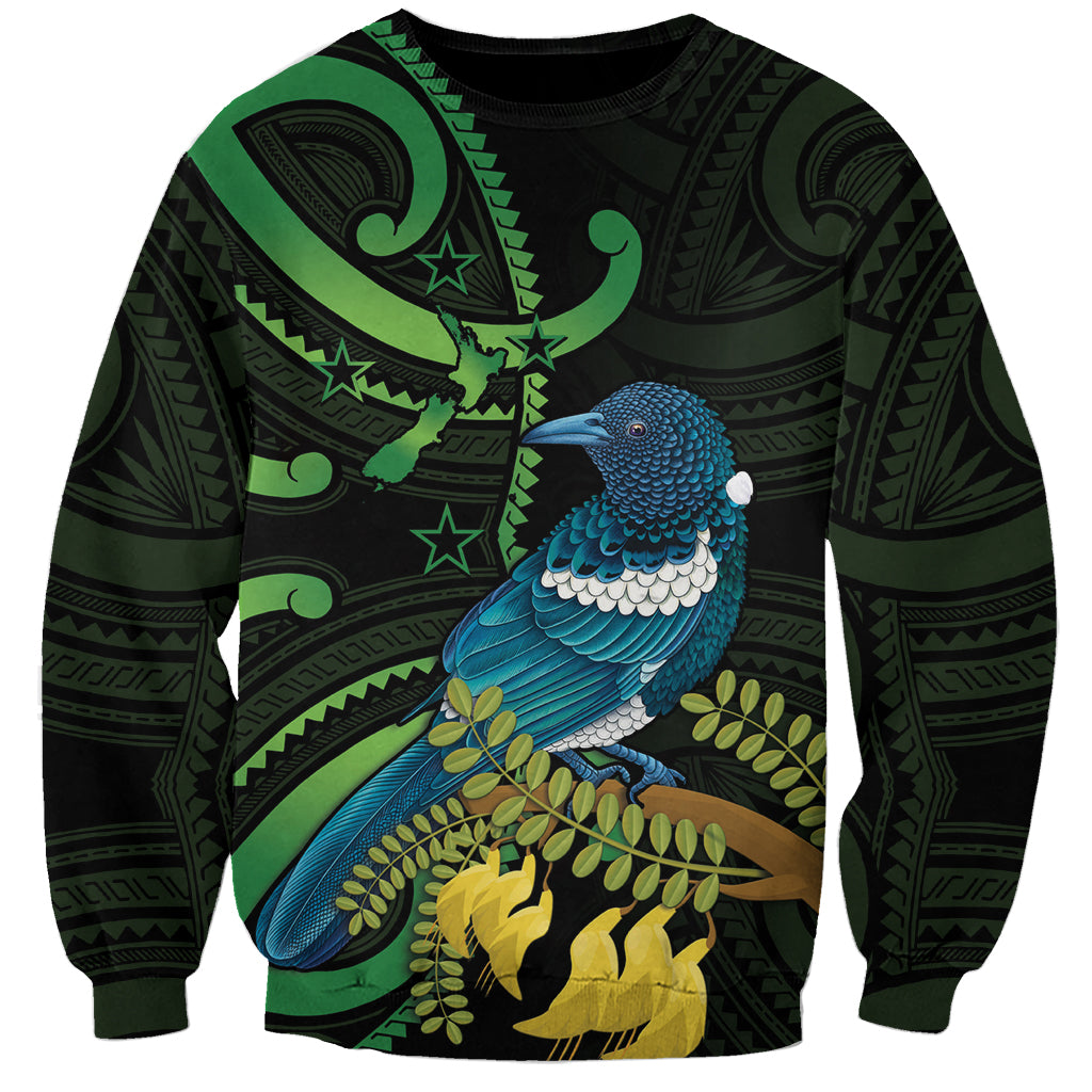 New Zealand Tui Bird Sweatshirt Aotearoa Maori With Kowhai Flowers LT14 Unisex Black - Polynesian Pride