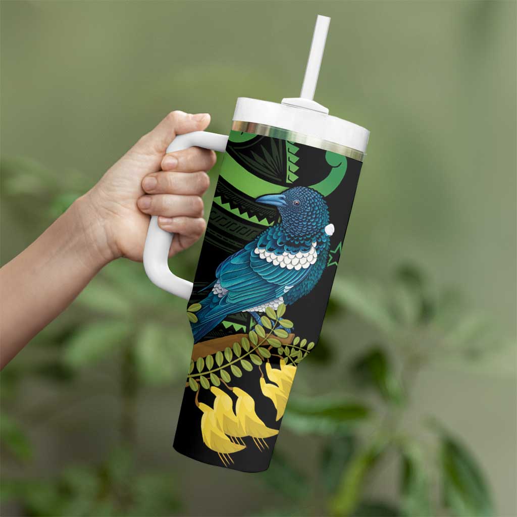 New Zealand Tui Bird Tumbler With Handle Aotearoa Maori With Kowhai Flowers LT14 - Polynesian Pride