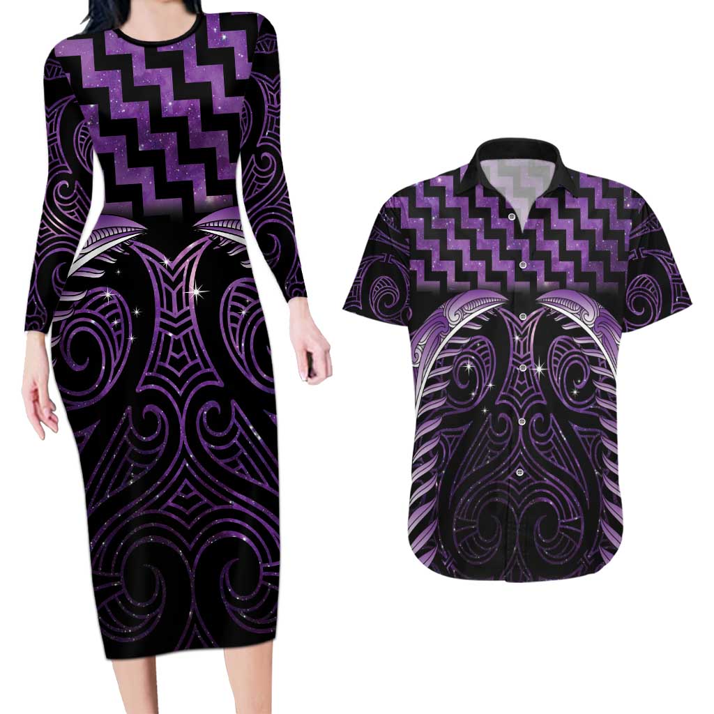 Purple Matariki New Zealand Couples Matching Long Sleeve Bodycon Dress and Hawaiian Shirt Maori Poutama Galaxy Vibes