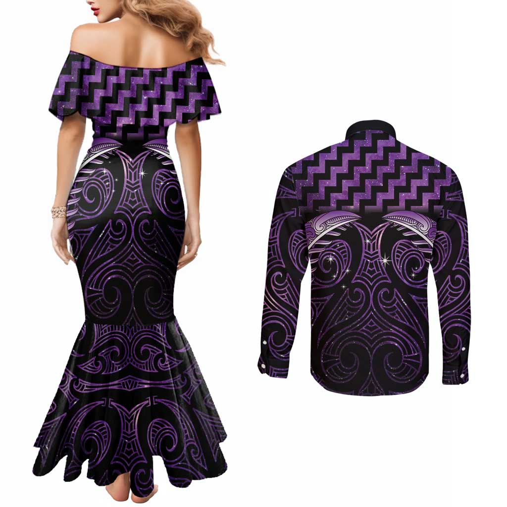 Purple Matariki New Zealand Couples Matching Mermaid Dress and Long Sleeve Button Shirt Maori Poutama Galaxy Vibes