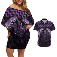Purple Matariki New Zealand Couples Matching Off Shoulder Short Dress and Hawaiian Shirt Maori Poutama Galaxy Vibes