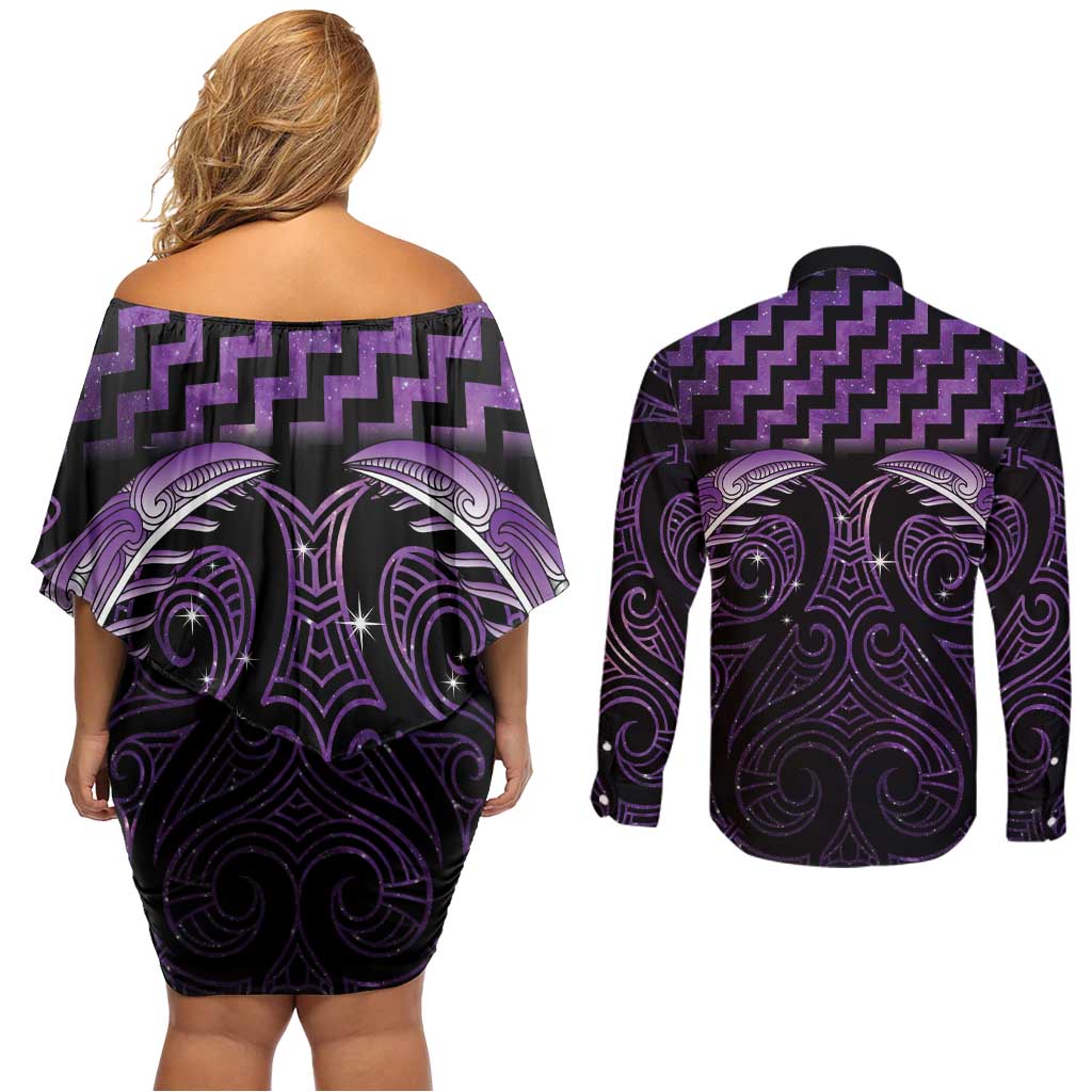 Purple Matariki New Zealand Couples Matching Off Shoulder Short Dress and Long Sleeve Button Shirt Maori Poutama Galaxy Vibes