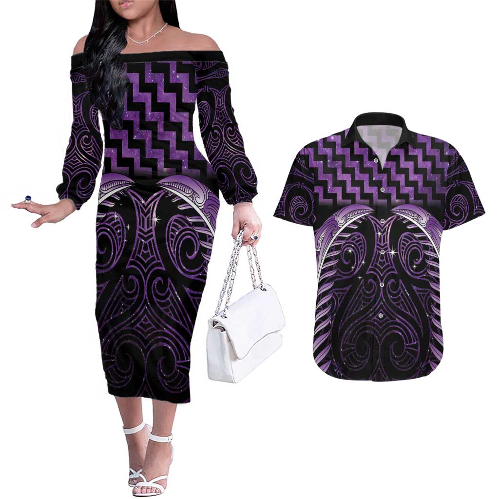 Purple Matariki New Zealand Couples Matching Off The Shoulder Long Sleeve Dress and Hawaiian Shirt Maori Poutama Galaxy Vibes