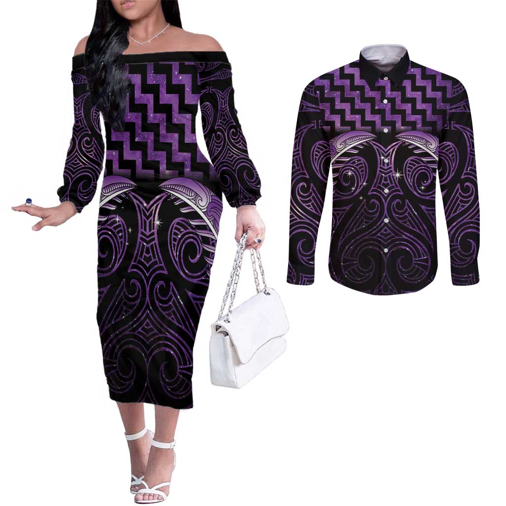 Purple Matariki New Zealand Couples Matching Off The Shoulder Long Sleeve Dress and Long Sleeve Button Shirt Maori Poutama Galaxy Vibes