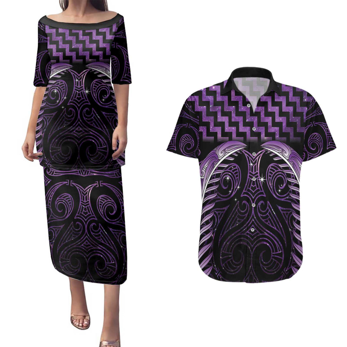 Purple Matariki New Zealand Couples Matching Puletasi and Hawaiian Shirt Maori Poutama Galaxy Vibes