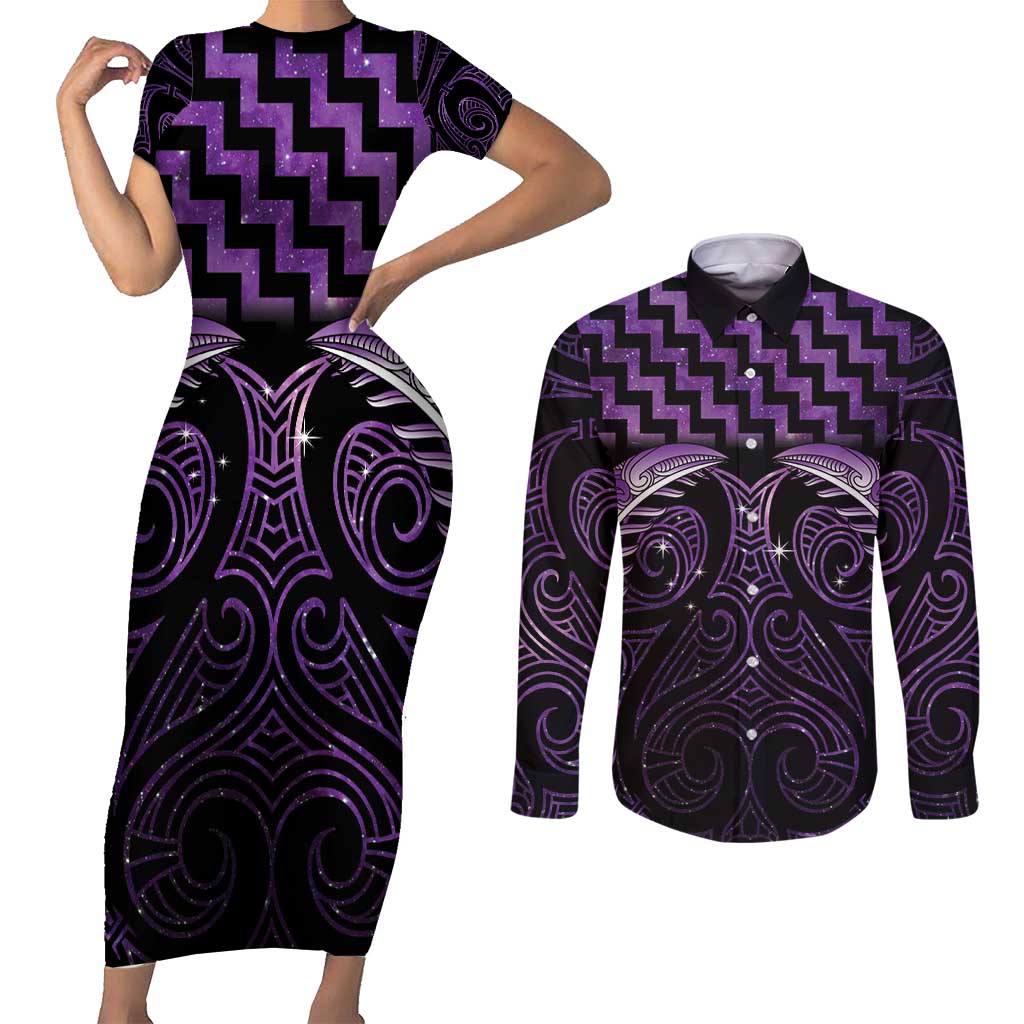 Purple Matariki New Zealand Couples Matching Short Sleeve Bodycon Dress and Long Sleeve Button Shirt Maori Poutama Galaxy Vibes