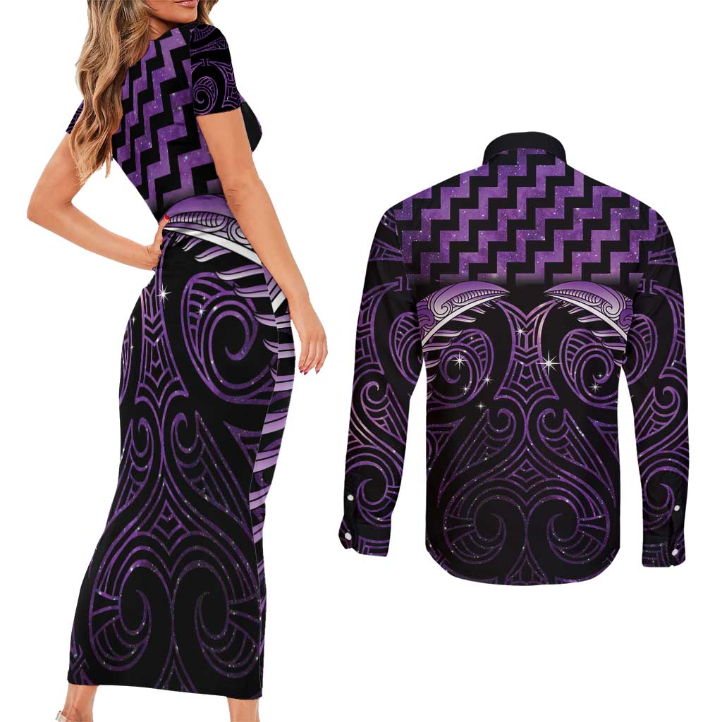 Purple Matariki New Zealand Couples Matching Short Sleeve Bodycon Dress and Long Sleeve Button Shirt Maori Poutama Galaxy Vibes