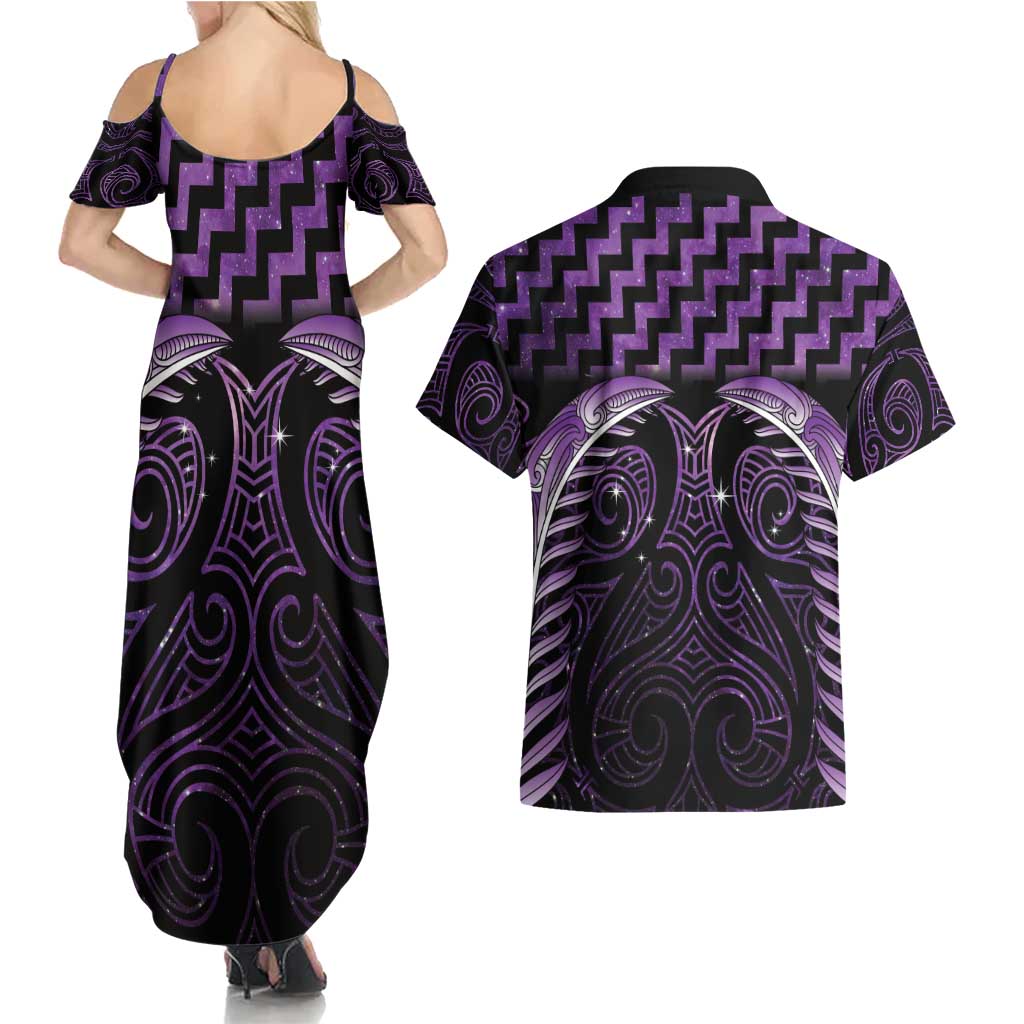 Purple Matariki New Zealand Couples Matching Summer Maxi Dress and Hawaiian Shirt Maori Poutama Galaxy Vibes