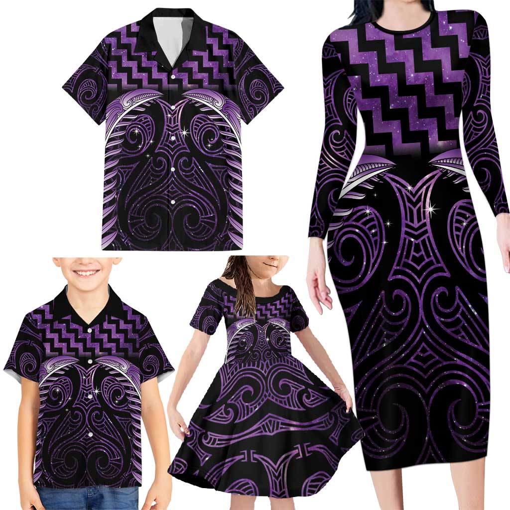 Purple Matariki New Zealand Family Matching Long Sleeve Bodycon Dress and Hawaiian Shirt Maori Poutama Galaxy Vibes