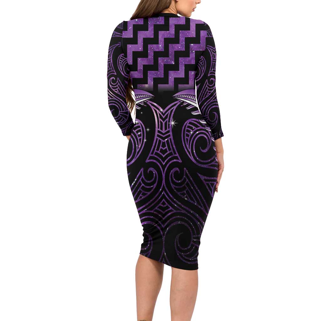 Purple Matariki New Zealand Family Matching Long Sleeve Bodycon Dress and Hawaiian Shirt Maori Poutama Galaxy Vibes
